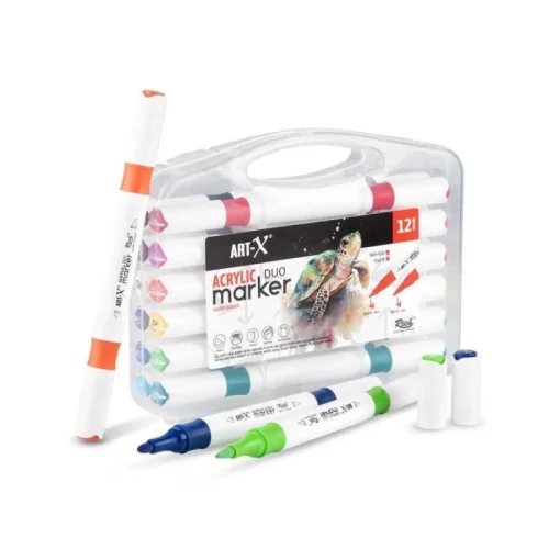 Art-X Acrylic Marker Duo Marker Çift Uçlu Akrilik Su Bazlı Boyama Kalemi 12 Renk Set - 1