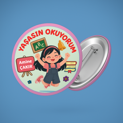 Yaşasın Okuyorum Temalı İğneli Başarı Rozeti - İsimli - Okulyolum